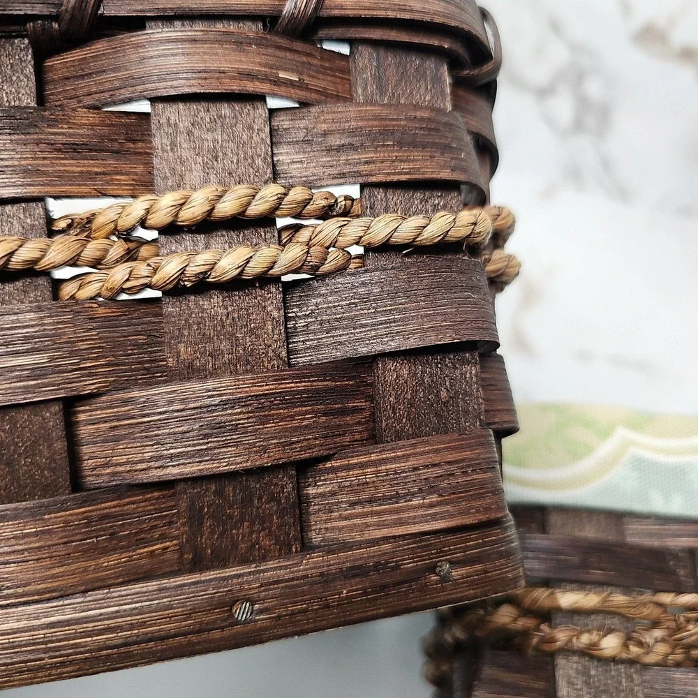 Handcrafted Brown Woven Wood Caddy & Lined Basket Set Organization‎ Cottagecore